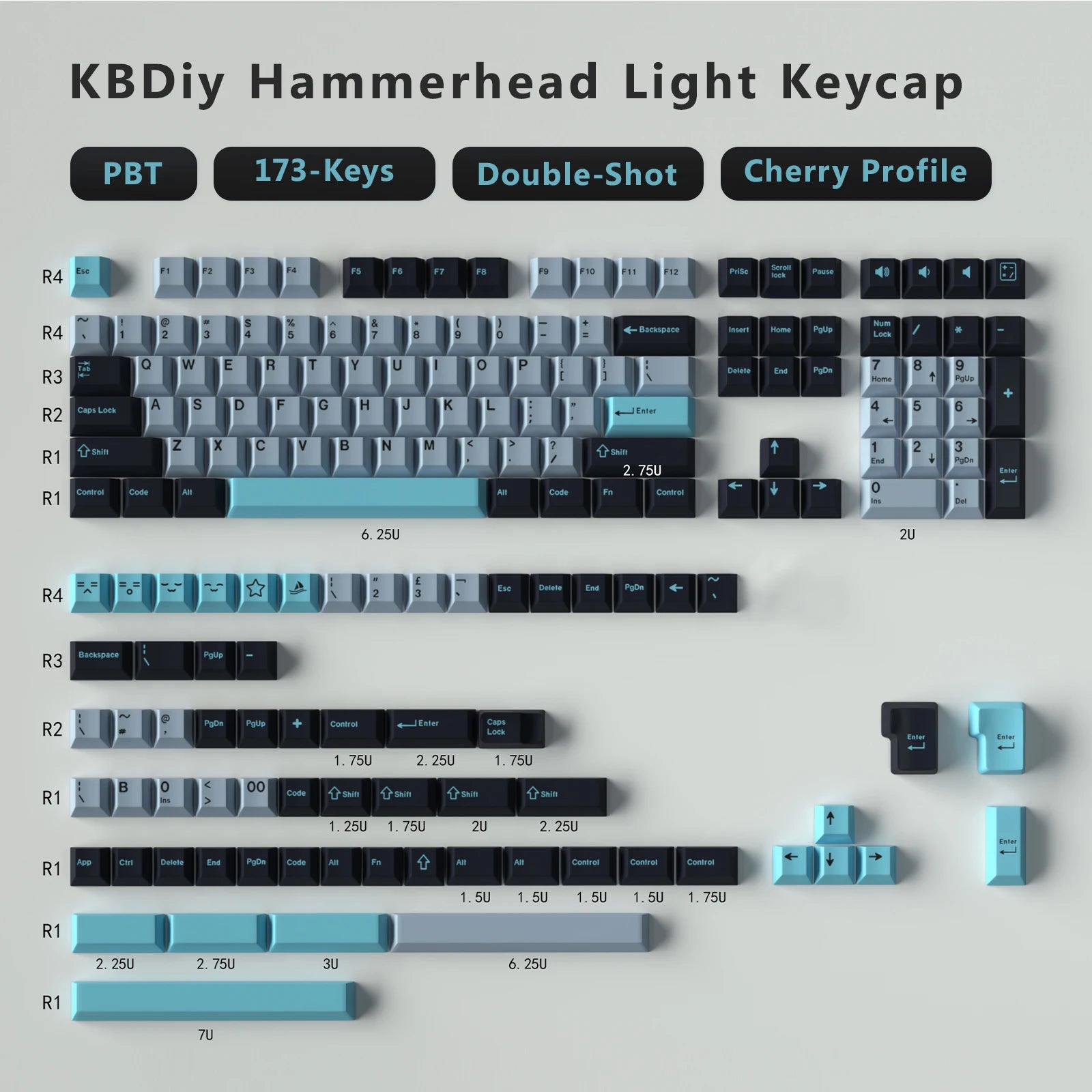 KBDiy Keycaps Hammerhead-light – 173 Keys PBT Cherry Profile